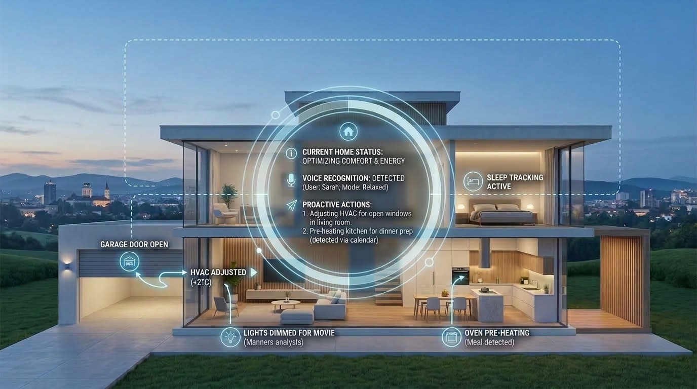 Modern two-storey home at dusk with a smart home AI overlay showing climate, lighting, security and kitchen activity